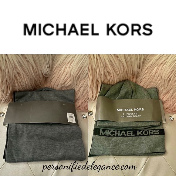 Michael Kors Side Stripe Knit Hat & Scarf Set Ash Gray & Black O/S - Picture 1 of 12